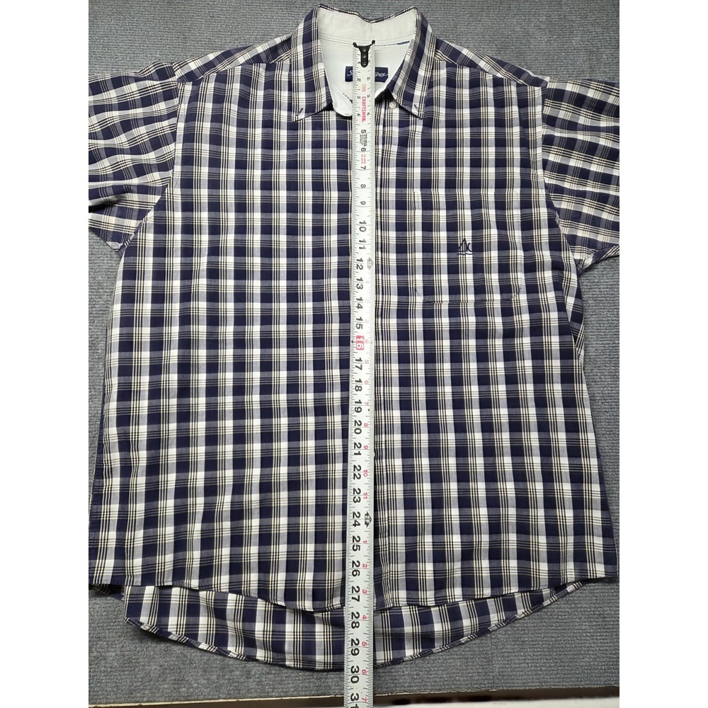 90s Stars & Stripes Plaid Shirt Mens L Blue White Short Sleeve Button Up - Picture 9 of 10